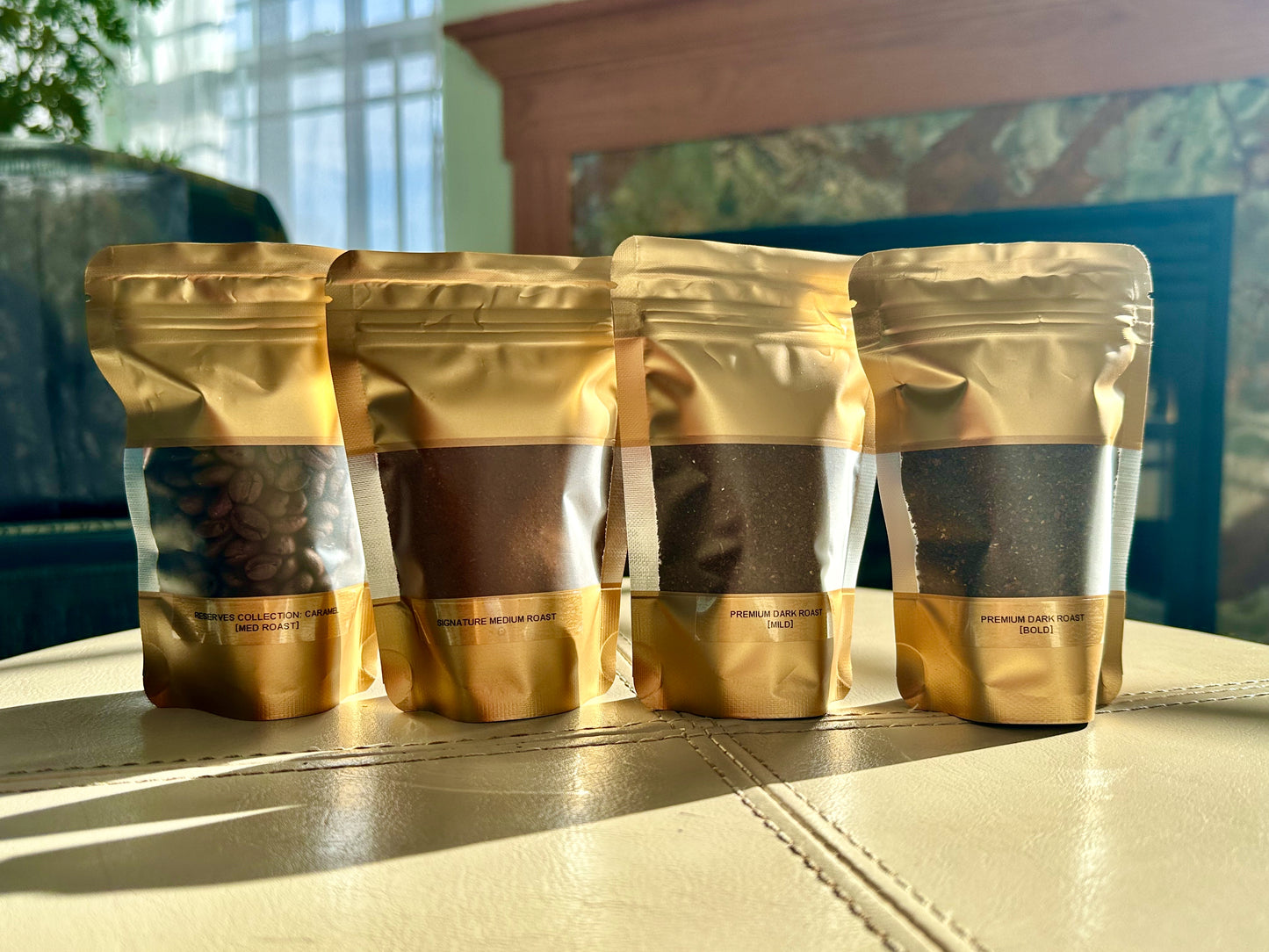 NIcarao Sabor Set showcasing examples of whole bean, fine grind, medium grind, and course grind. 
(Only one grind type per set.)