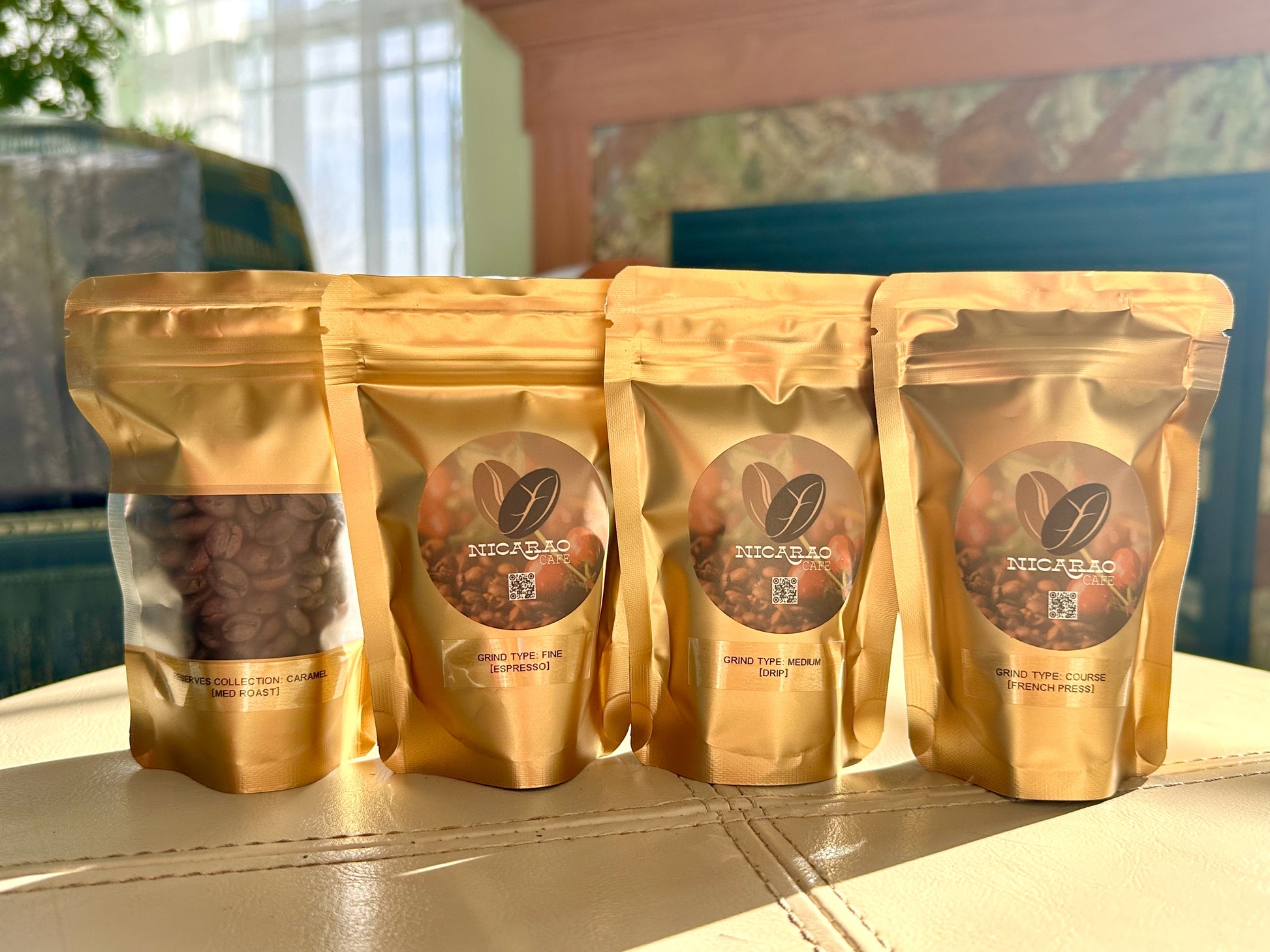 Nicarao Sabor Set - examples of various grinds & back of bags. 